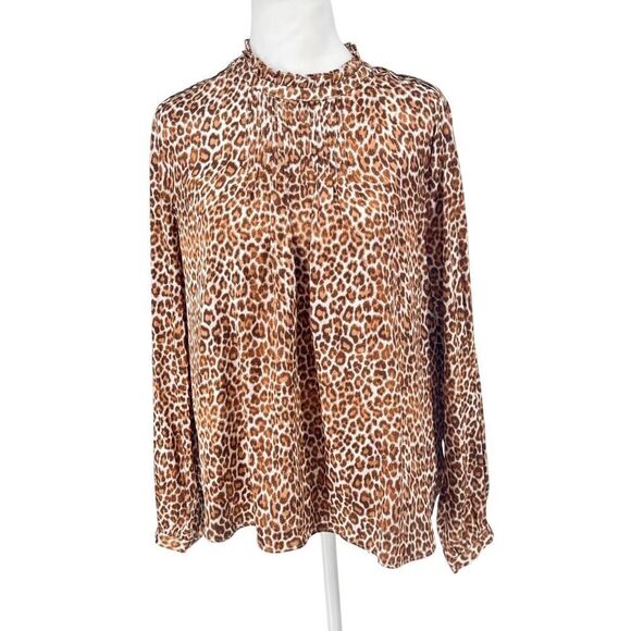 J.Crew Leopard Print Ruffle Neck Blouse Long Sleeve Polyester Size M Brown EUC - Picture 1 of 10